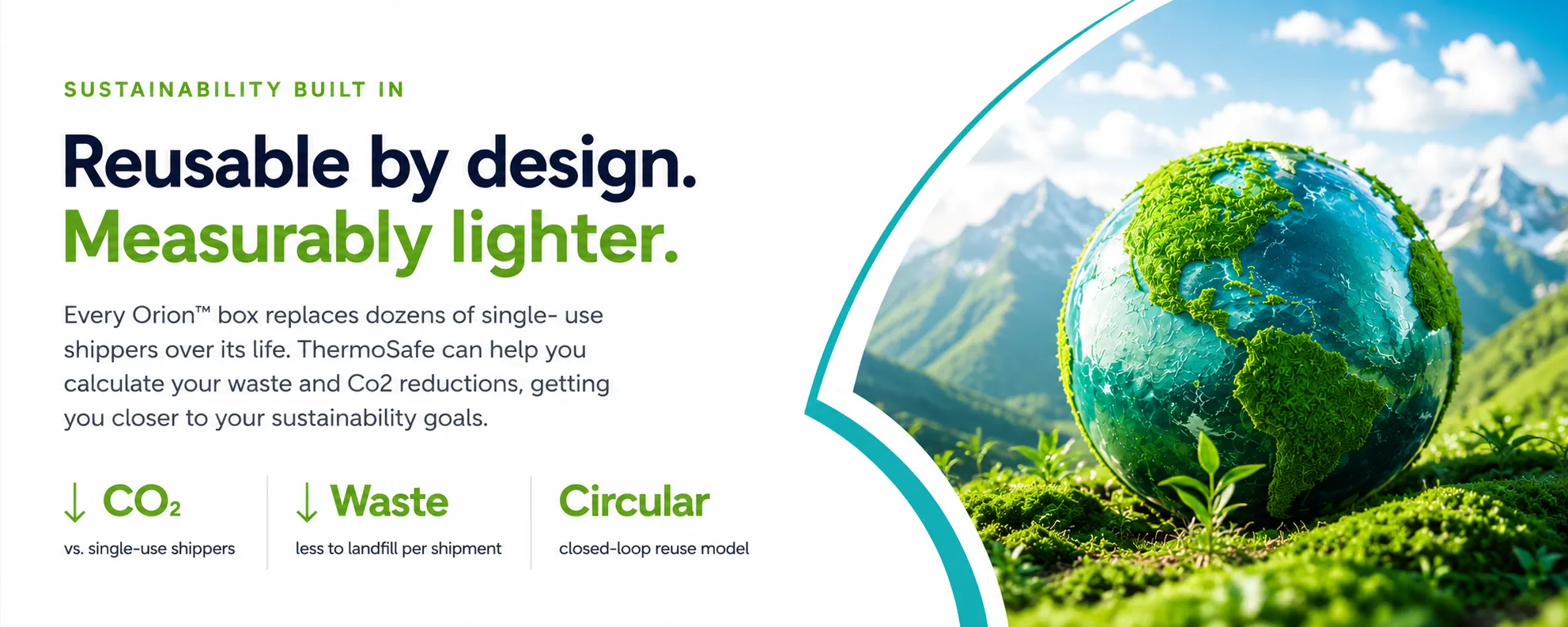ThermoSafe Orion sustainable packaging illustrating reusable packaging solutions that reduce CO₂ emissions and packaging waste through sustainable temperature controlled packaging and pharmaceutical cold chain logistics.
