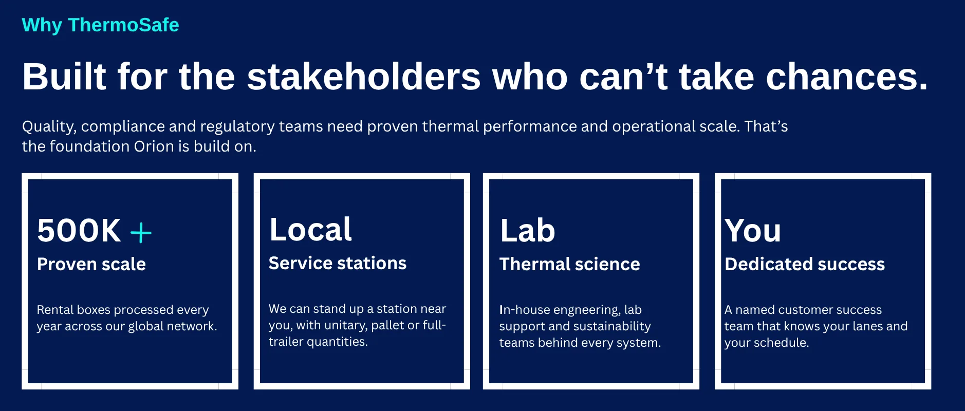 ThermoSafe Orion reusable packaging highlighting proven global scale, local service stations, thermal science expertise and dedicated customer support for pharmaceutical cold chain logistics and cold chain shipping.